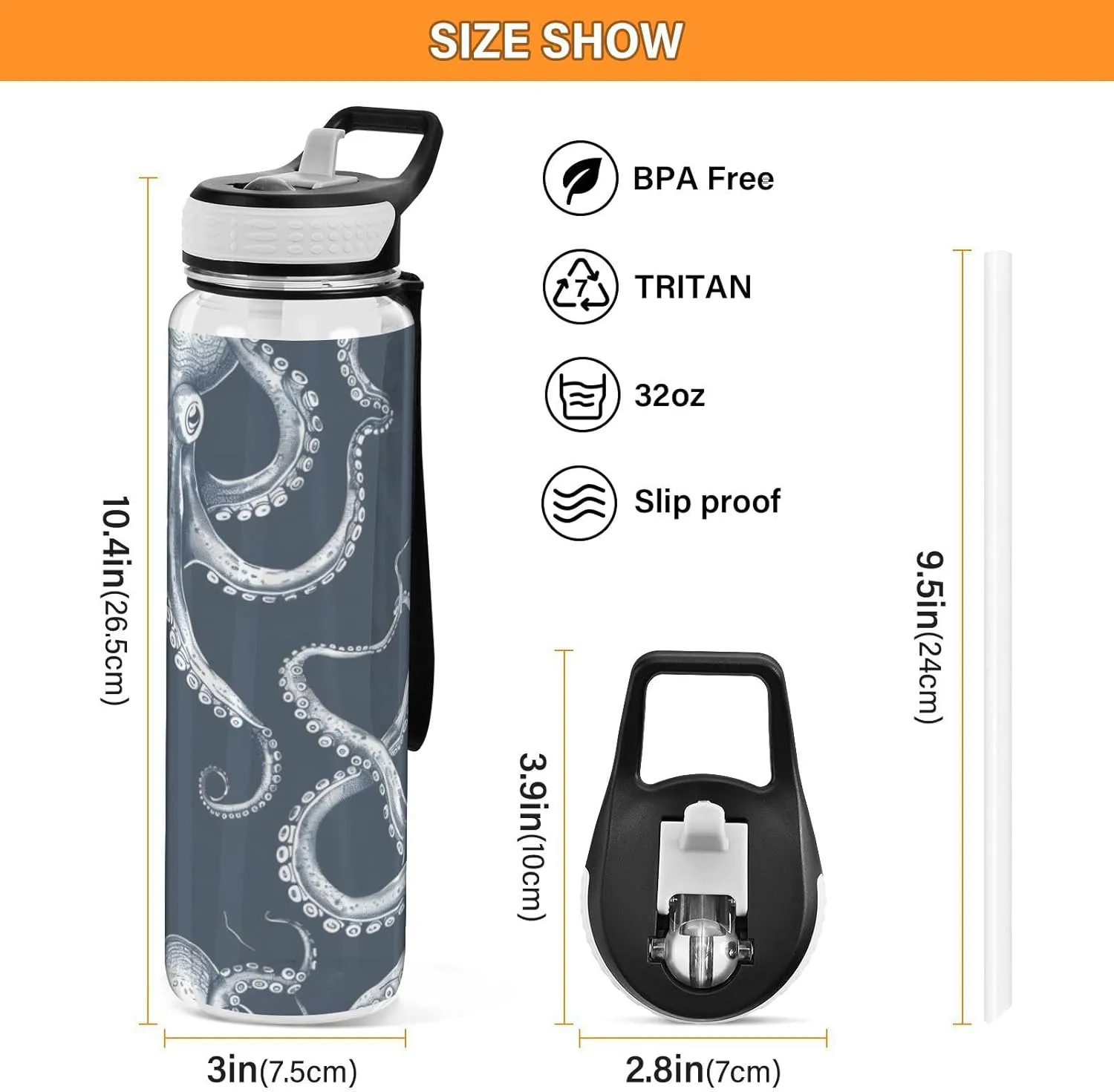 ALAZA Octopus Squid Sea Horse Sport Water Bottle with Straw Lid 32 oz Clear Bottle BPA Free Tritan Plastic Leakproof Jugs Large Flip Top for Kids Boys Girls