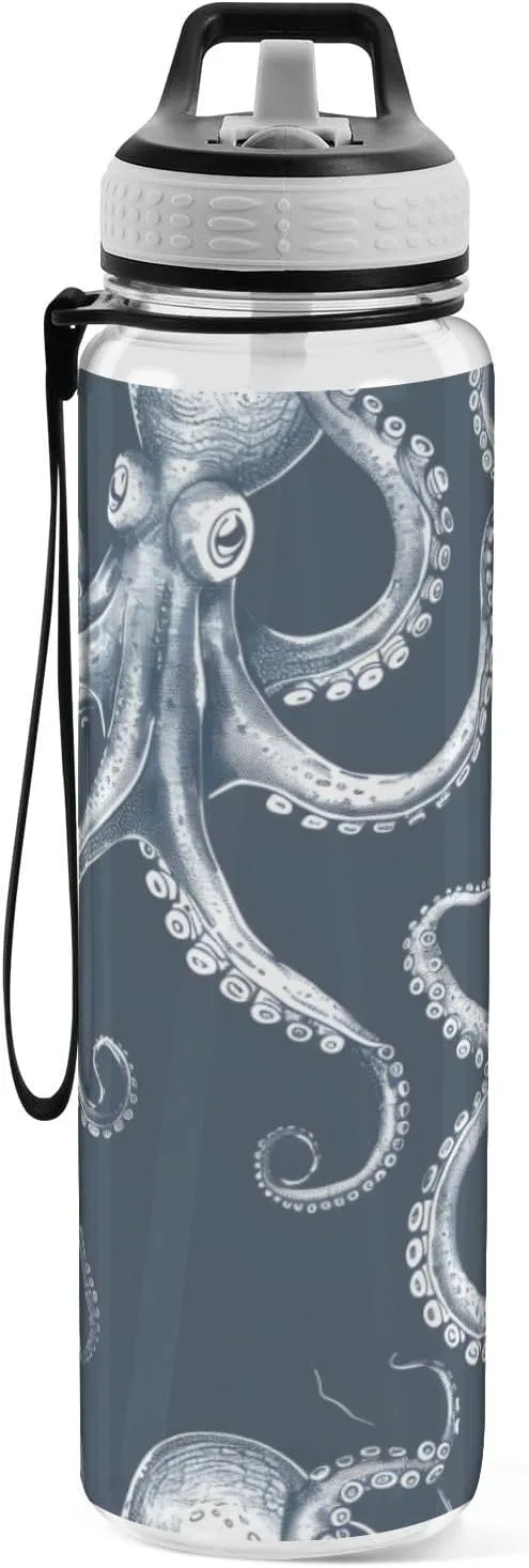 ALAZA Octopus Squid Sea Horse Sport Water Bottle with Straw Lid 32 oz Clear Bottle BPA Free Tritan Plastic Leakproof Jugs Large Flip Top for Kids Boys Girls
