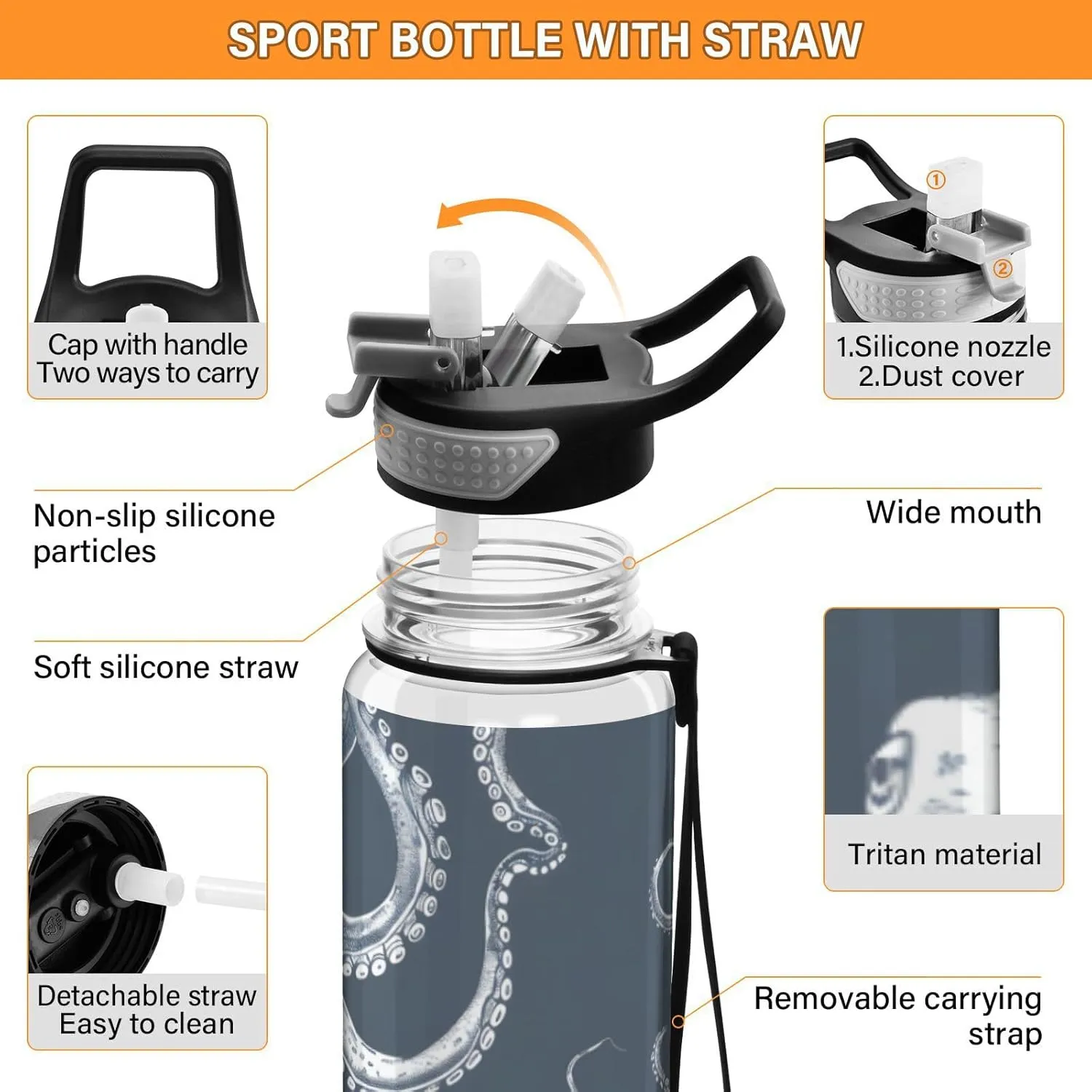 ALAZA Octopus Squid Sea Horse Sport Water Bottle with Straw Lid 32 oz Clear Bottle BPA Free Tritan Plastic Leakproof Jugs Large Flip Top for Kids Boys Girls