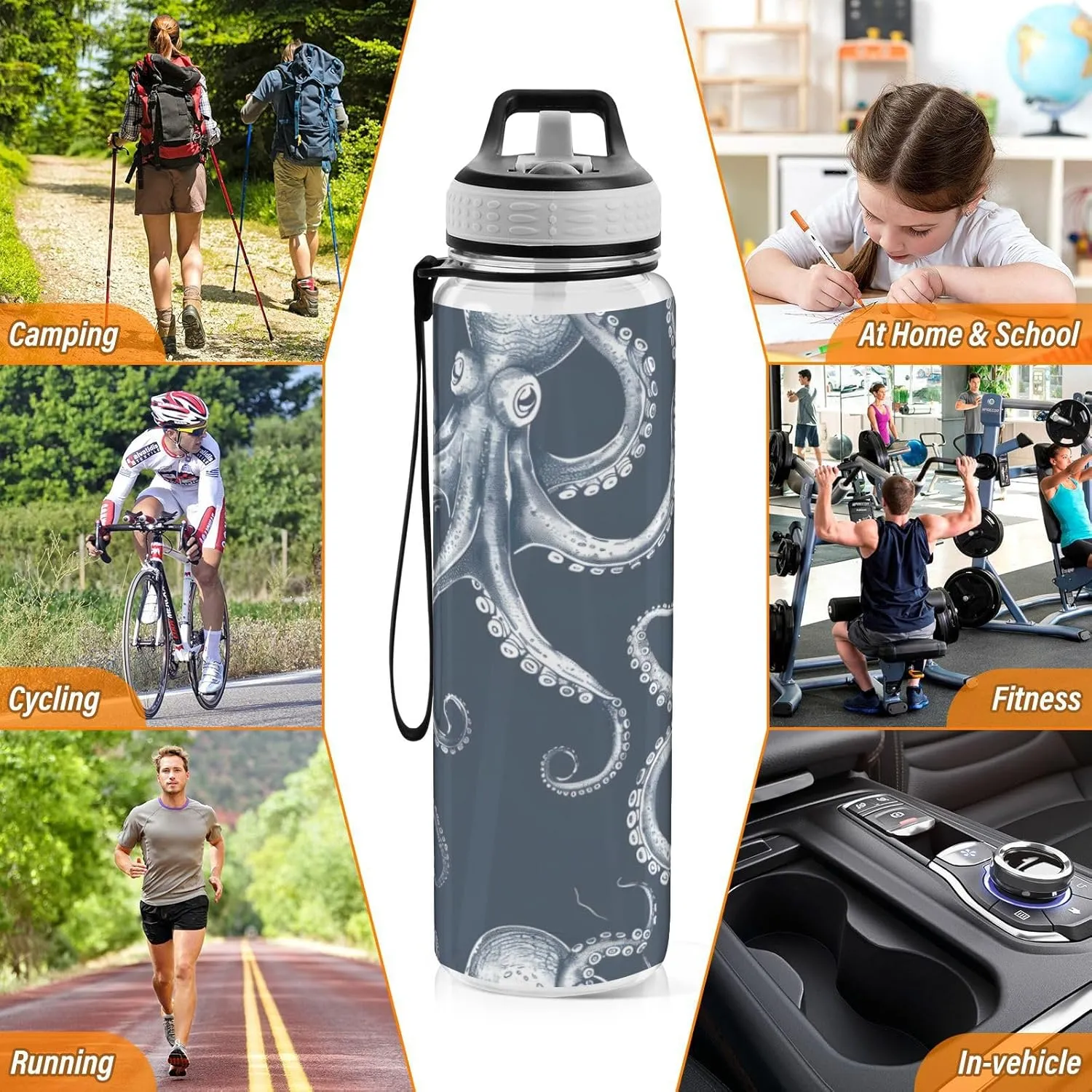 ALAZA Octopus Squid Sea Horse Sport Water Bottle with Straw Lid 32 oz Clear Bottle BPA Free Tritan Plastic Leakproof Jugs Large Flip Top for Kids Boys Girls