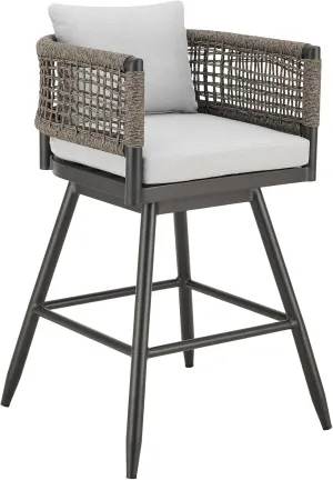 Alegria Outdoor Patio Swivel Counter Stool in Aluminum with Gray Rope and Light Gray Cushions