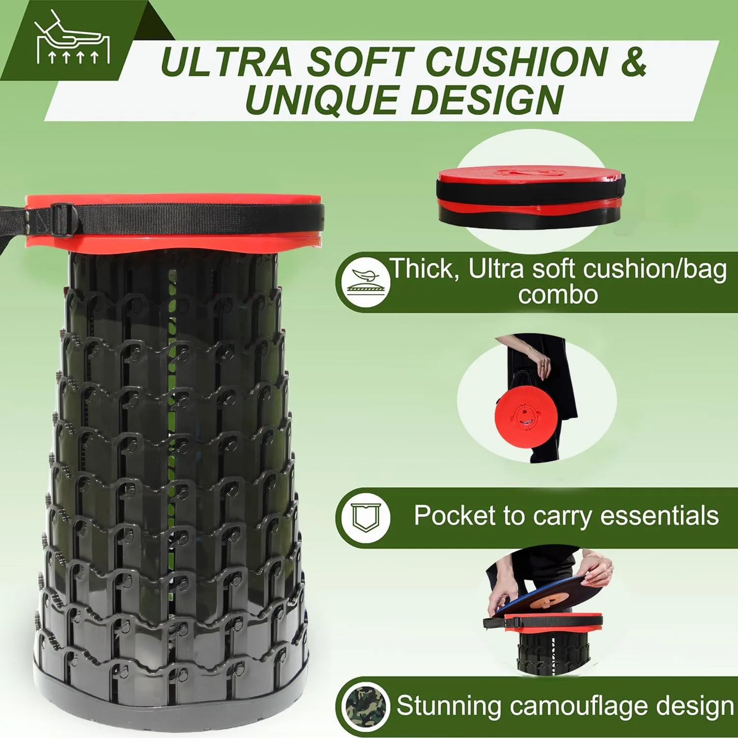 ALEVMOOM 2025 Upgraded XXL Collapsible Stool with Cushion 19.7",1000lbs Max Weight,Wider & Taller Pop Up Seat, Heavy Duty Portable Retractable Folding Stool for Camping & Outdoors (Red)