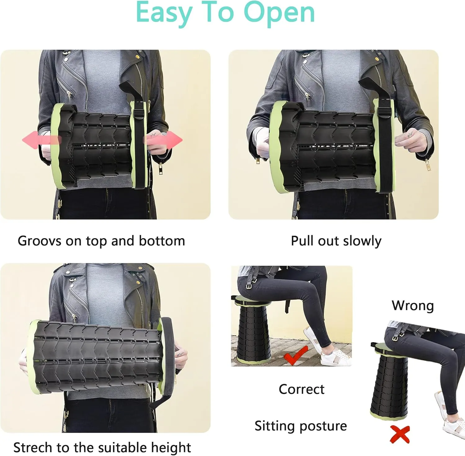 ALEVMOOM Collapsible Stool with Cushion, Portable Telescoping More Sturdy Load Capacity 200kg, Retractable Adjustable Camping Folding Stool for Outdoor Hiking BBQ Climb