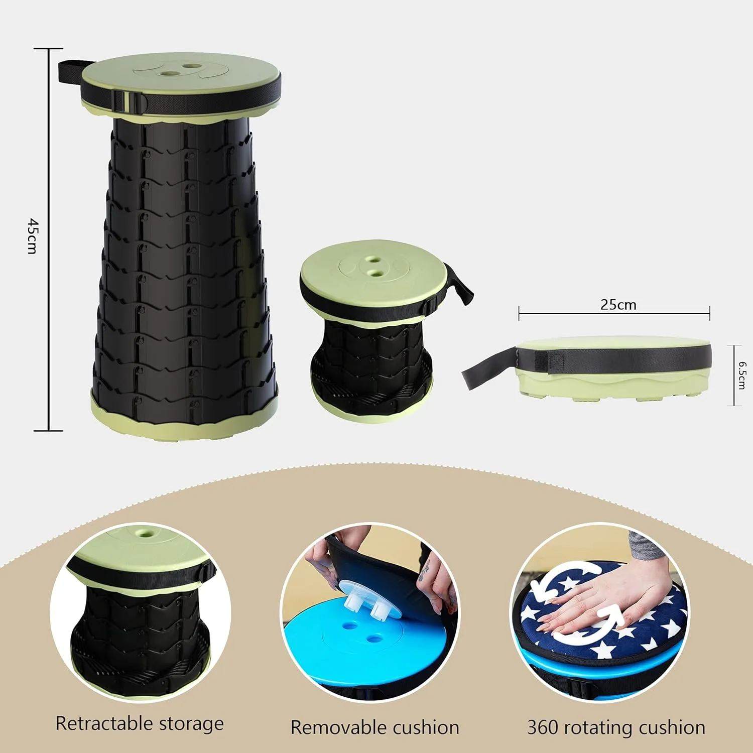 ALEVMOOM Collapsible Stool with Cushion, Portable Telescoping More Sturdy Load Capacity 200kg, Retractable Adjustable Camping Folding Stool for Outdoor Hiking BBQ Climb