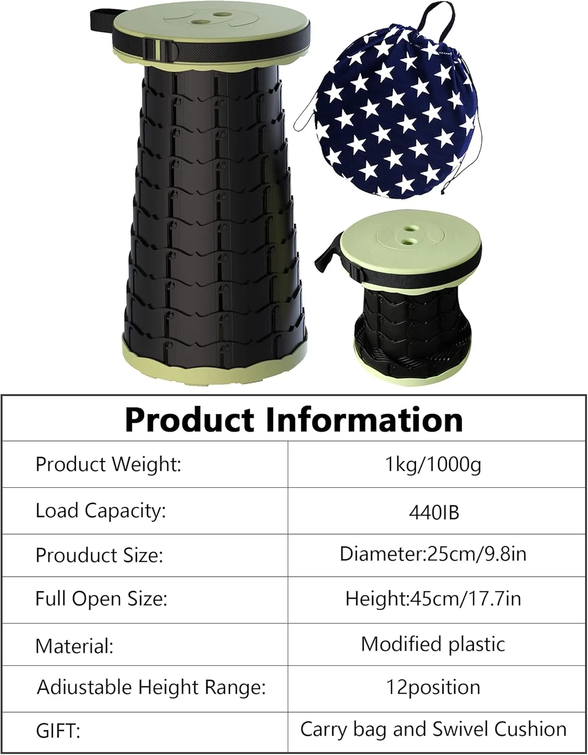 ALEVMOOM Collapsible Stool with Cushion, Portable Telescoping More Sturdy Load Capacity 200kg, Retractable Adjustable Camping Folding Stool for Outdoor Hiking BBQ Climb