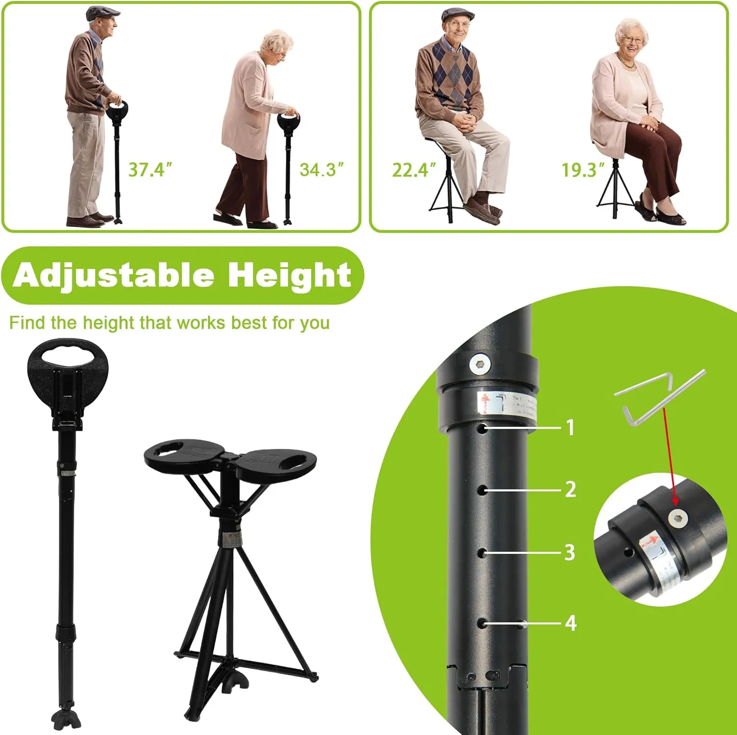 ALEVMOOM Folding Walking Cane with seat for Men & Women,2-in-1 Adjustable Portable Cane Chair,Walking Stick with Seat for Seniors & Adults,Crutches Stool with Carry Bag for Hiking Traveling