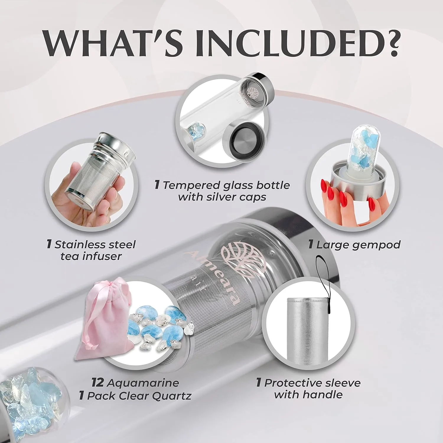 Almeara Crystal Water Bottle with Authentic Aquamarine Stones and Clear Quartz Removable Gemstones, Loose Leaf Tea Infuser - Relaxation, Healing & Spiritual Gifts for Women - Witchcraft Supplies