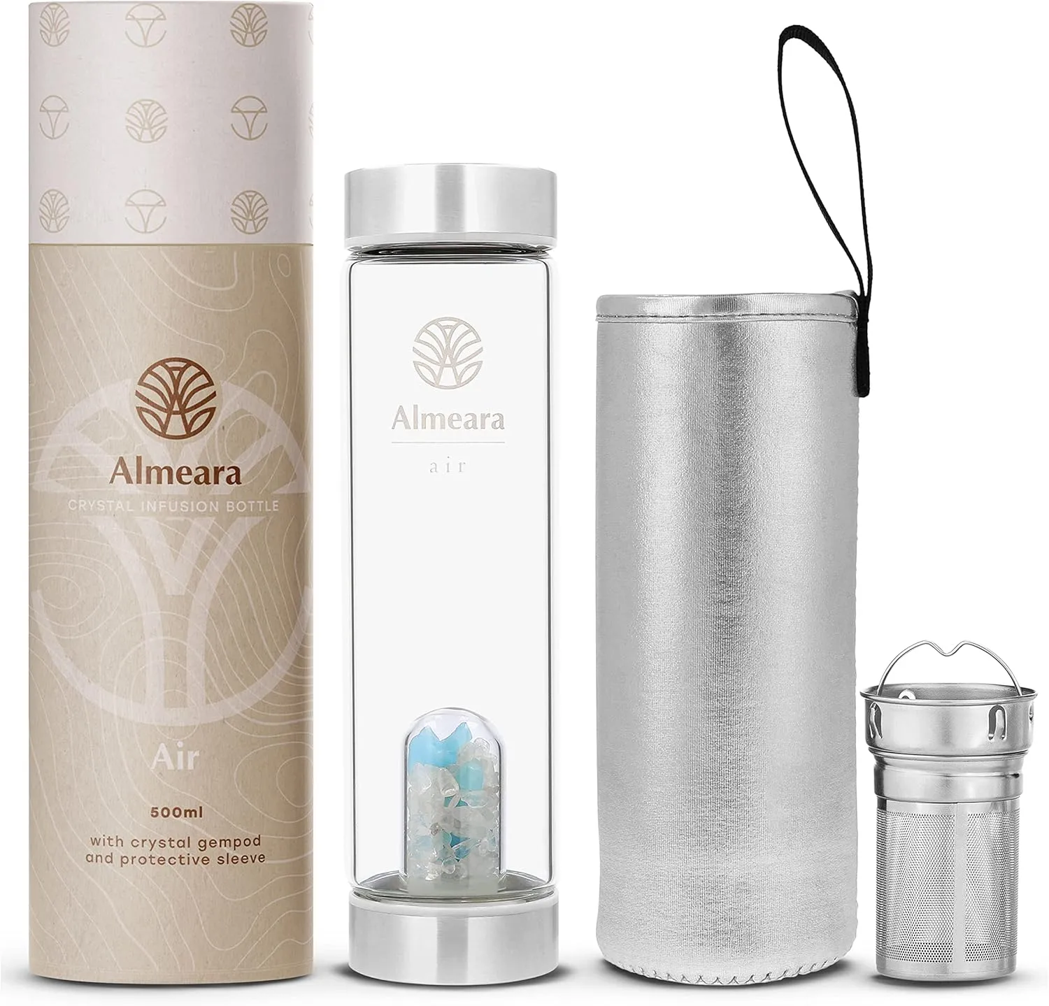 Almeara Crystal Water Bottle with Authentic Aquamarine Stones and Clear Quartz Removable Gemstones, Loose Leaf Tea Infuser - Relaxation, Healing & Spiritual Gifts for Women - Witchcraft Supplies