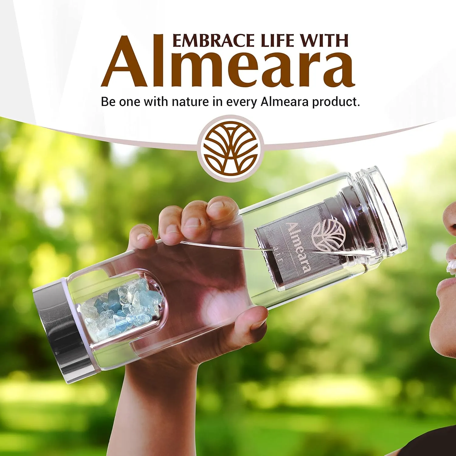 Almeara Crystal Water Bottle with Authentic Aquamarine Stones and Clear Quartz Removable Gemstones, Loose Leaf Tea Infuser - Relaxation, Healing & Spiritual Gifts for Women - Witchcraft Supplies