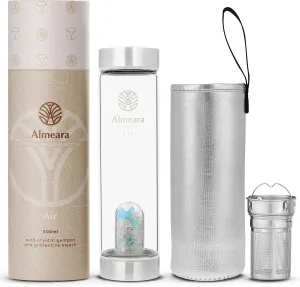 Almeara Crystal Water Bottle with Authentic Aquamarine Stones and Clear Quartz Removable Gemstones, Loose Leaf Tea Infuser - Relaxation, Healing & Spiritual Gifts for Women - Witchcraft Supplies