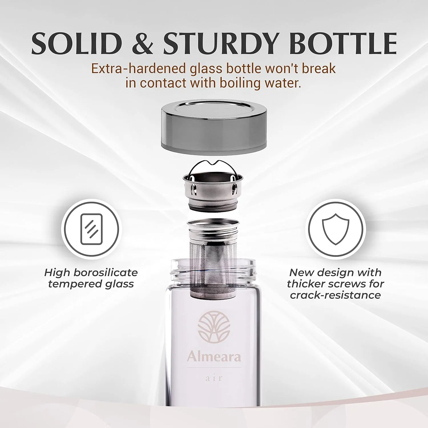Almeara Crystal Water Bottle with Authentic Aquamarine Stones and Clear Quartz Removable Gemstones, Loose Leaf Tea Infuser - Relaxation, Healing & Spiritual Gifts for Women - Witchcraft Supplies