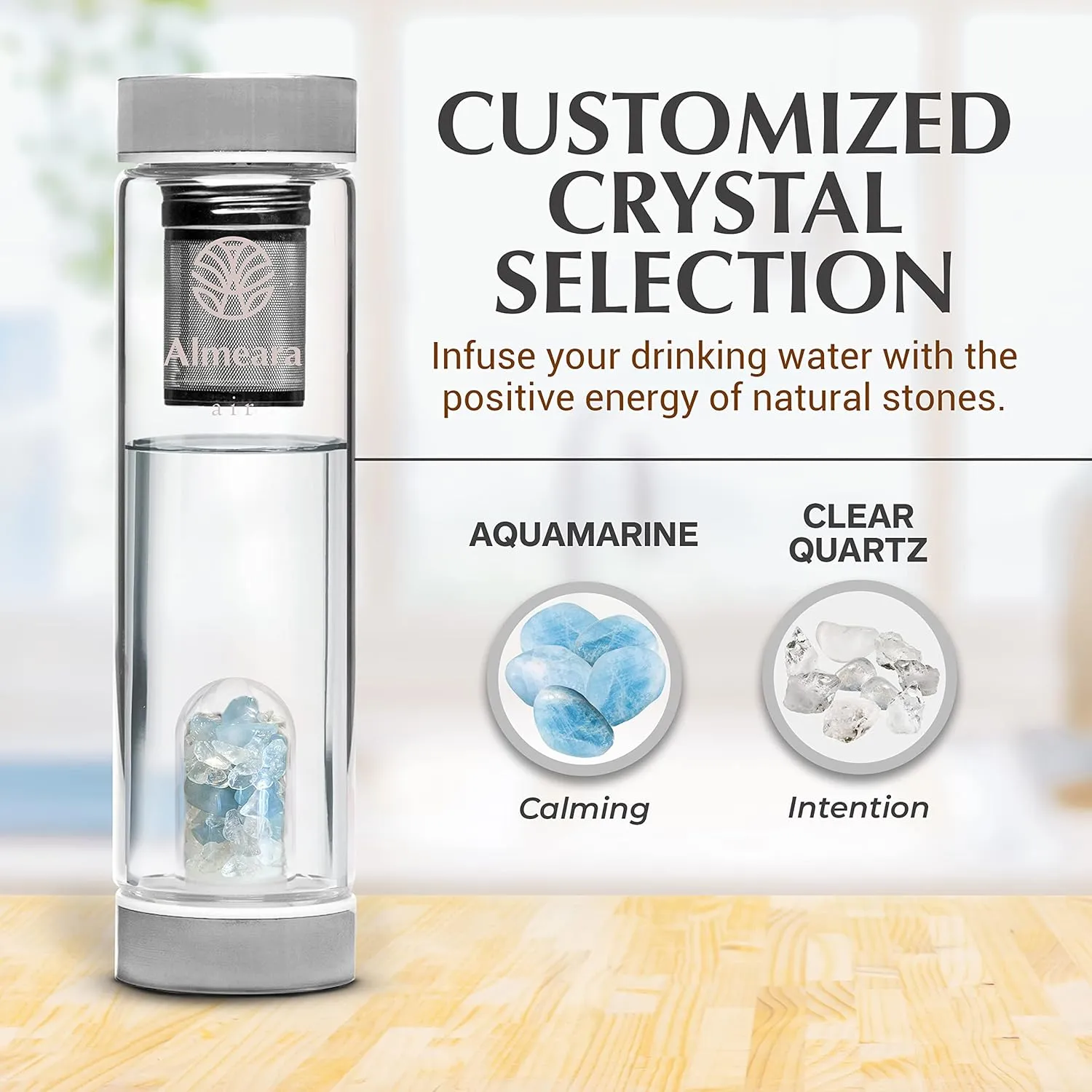 Almeara Crystal Water Bottle with Authentic Aquamarine Stones and Clear Quartz Removable Gemstones, Loose Leaf Tea Infuser - Relaxation, Healing & Spiritual Gifts for Women - Witchcraft Supplies