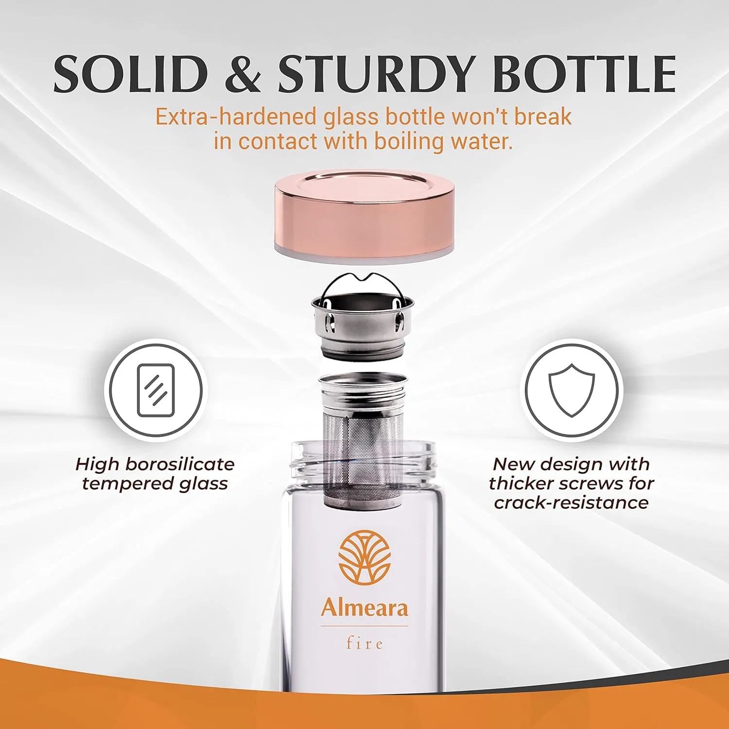 Almeara Crystal Water Bottle with Authentic Red Jasper Stones & Clear Quartz Removable Gemstones, Loose Leaf Tea Infuser - Relaxation, Healing & Spiritual Gifts for Women - Witchcraft Supplies