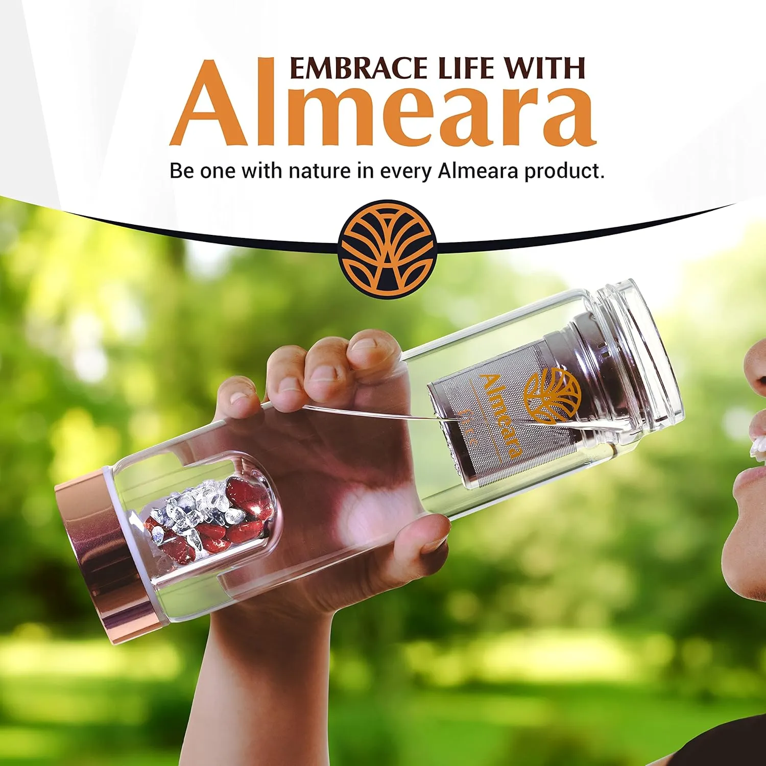 Almeara Crystal Water Bottle with Authentic Red Jasper Stones & Clear Quartz Removable Gemstones, Loose Leaf Tea Infuser - Relaxation, Healing & Spiritual Gifts for Women - Witchcraft Supplies