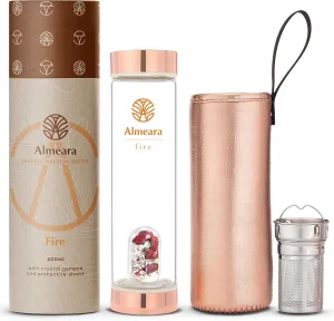 Almeara Crystal Water Bottle with Authentic Red Jasper Stones & Clear Quartz Removable Gemstones, Loose Leaf Tea Infuser - Relaxation, Healing & Spiritual Gifts for Women - Witchcraft Supplies