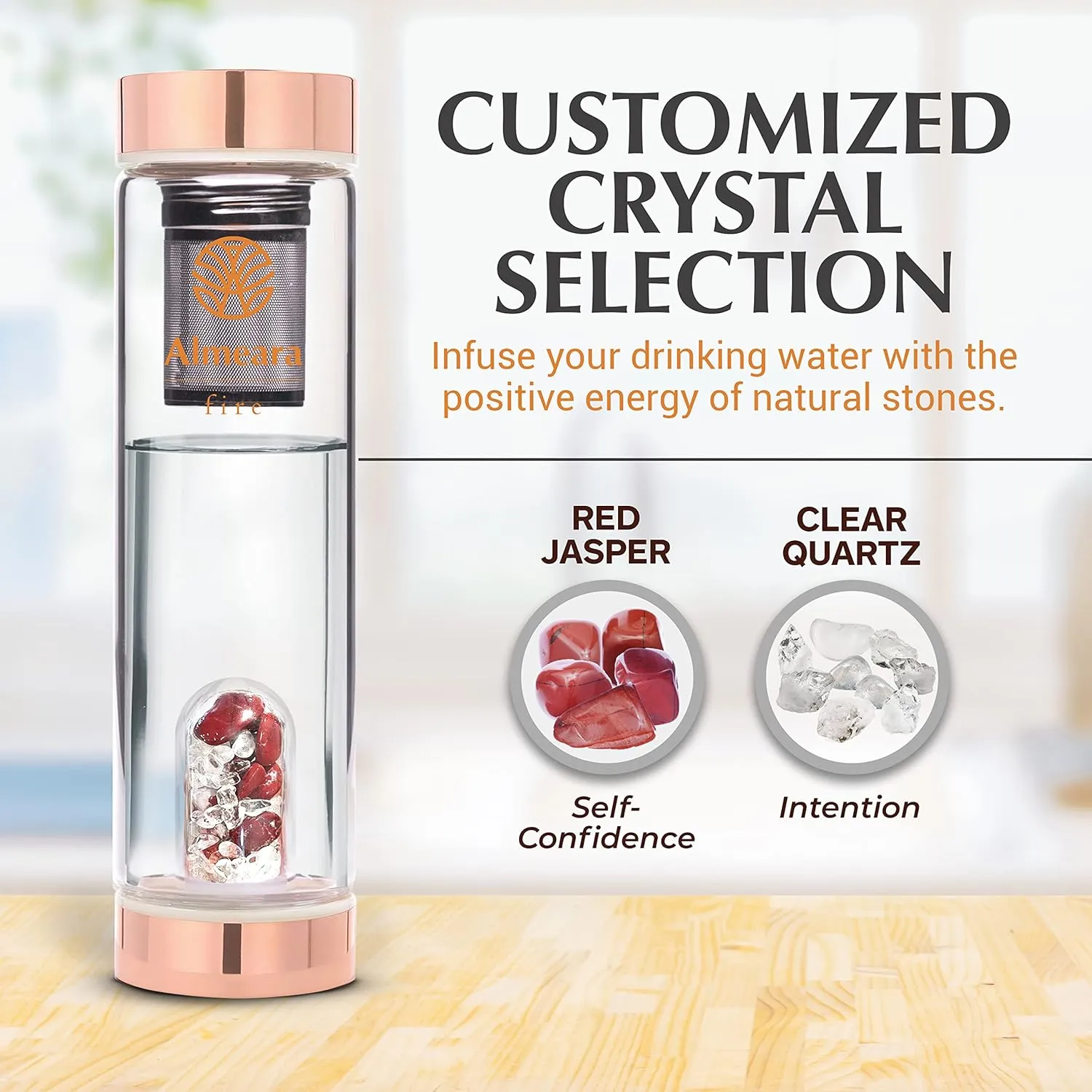 Almeara Crystal Water Bottle with Authentic Red Jasper Stones & Clear Quartz Removable Gemstones, Loose Leaf Tea Infuser - Relaxation, Healing & Spiritual Gifts for Women - Witchcraft Supplies