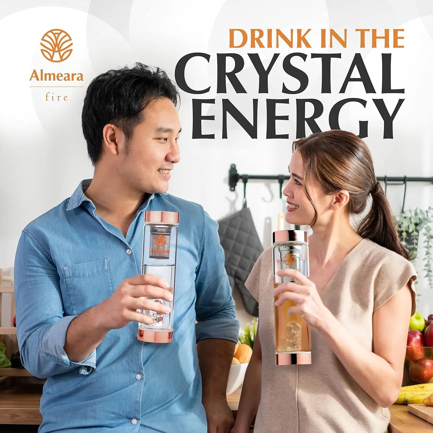 Almeara Crystal Water Bottle with Authentic Red Jasper Stones & Clear Quartz Removable Gemstones, Loose Leaf Tea Infuser - Relaxation, Healing & Spiritual Gifts for Women - Witchcraft Supplies