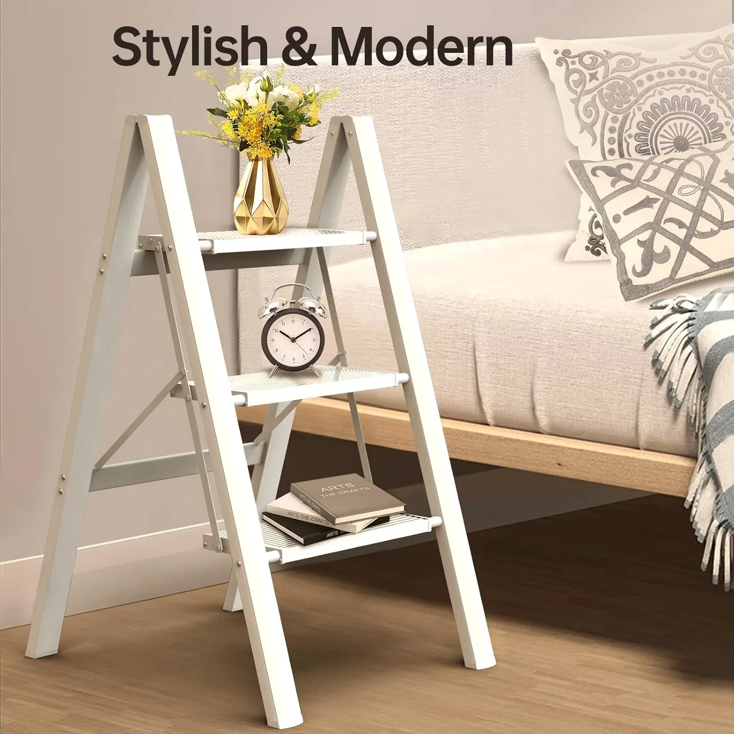 Aluminium 3 Step Ladder Folding Stool-330lb Capacity Ladders with Anti-Slip Wide Pedal,Lightweight Ladder,Portable Multi-use Scene for Home/Kitchen/Office/Garden/Yard (White New, 3 Step)