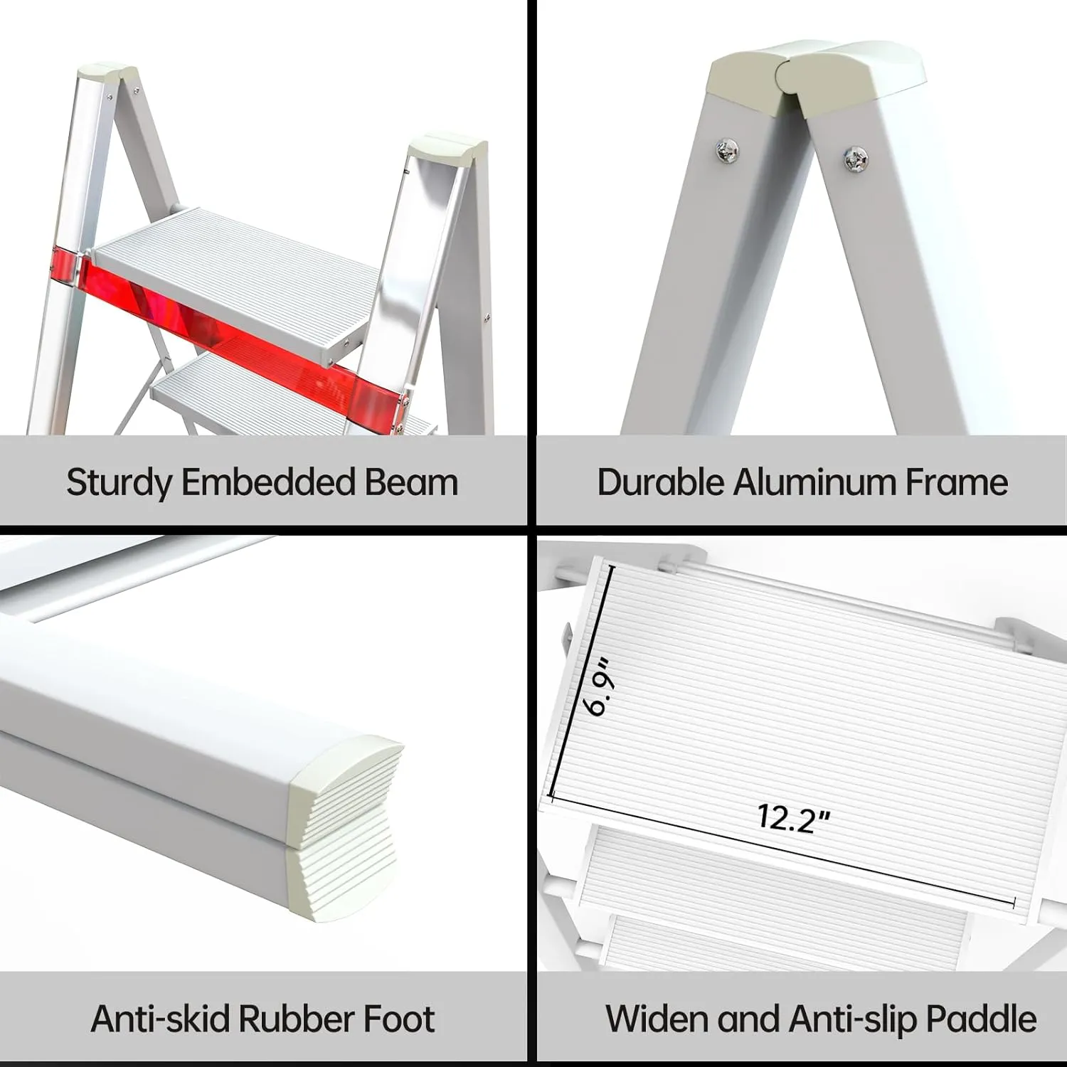 Aluminium 3 Step Ladder Folding Stool-330lb Capacity Ladders with Anti-Slip Wide Pedal,Lightweight Ladder,Portable Multi-use Scene for Home/Kitchen/Office/Garden/Yard (White New, 3 Step)