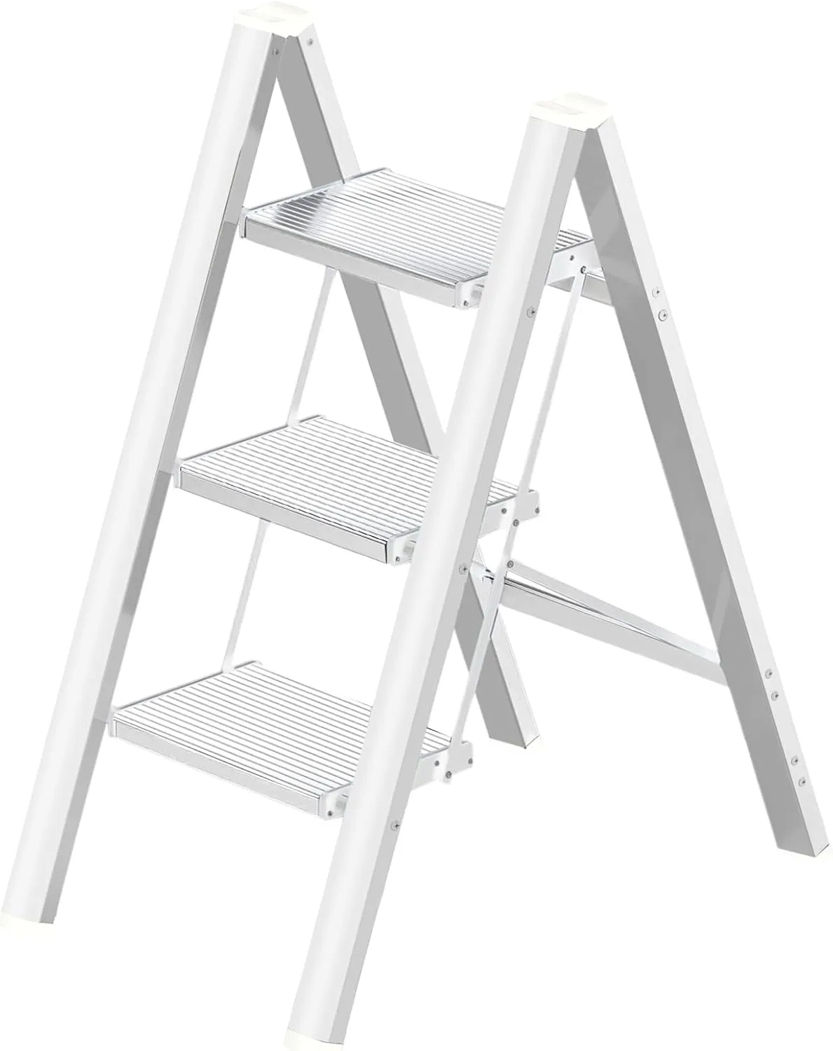Aluminium 3 Step Ladder Folding Stool-330lb Capacity Ladders with Anti-Slip Wide Pedal,Lightweight Ladder,Portable Multi-use Scene for Home/Kitchen/Office/Garden/Yard (White New, 3 Step)