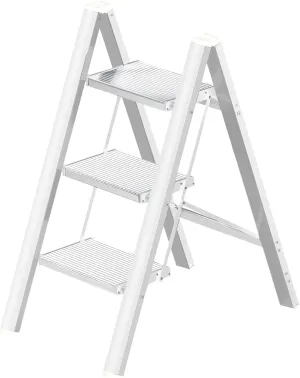 Aluminium 3 Step Ladder Folding Stool-330lb Capacity Ladders with Anti-Slip Wide Pedal,Lightweight Ladder,Portable Multi-use Scene for Home/Kitchen/Office/Garden/Yard (White New, 3 Step)
