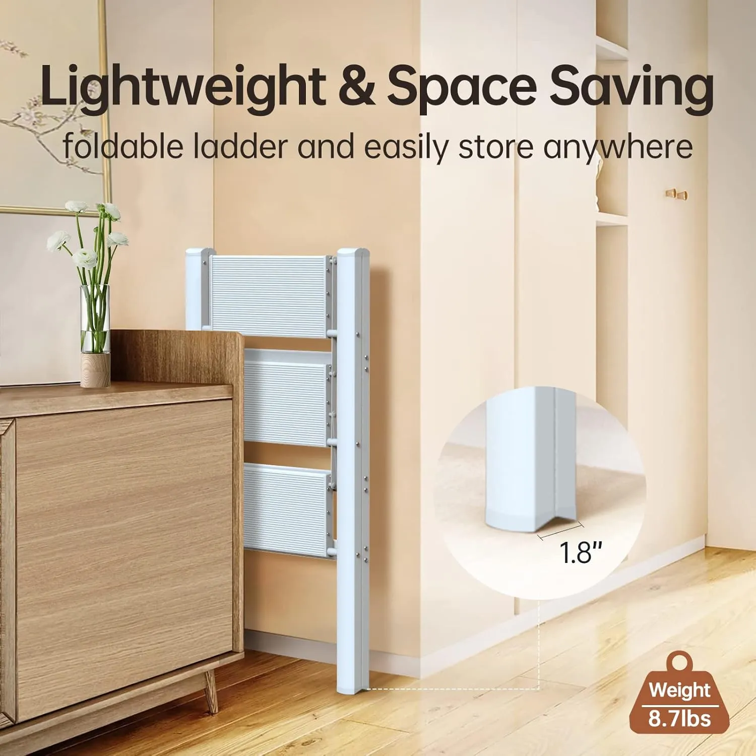 Aluminium 3 Step Ladder Folding Stool-330lb Capacity Ladders with Anti-Slip Wide Pedal,Lightweight Ladder,Portable Multi-use Scene for Home/Kitchen/Office/Garden/Yard (White New, 3 Step)