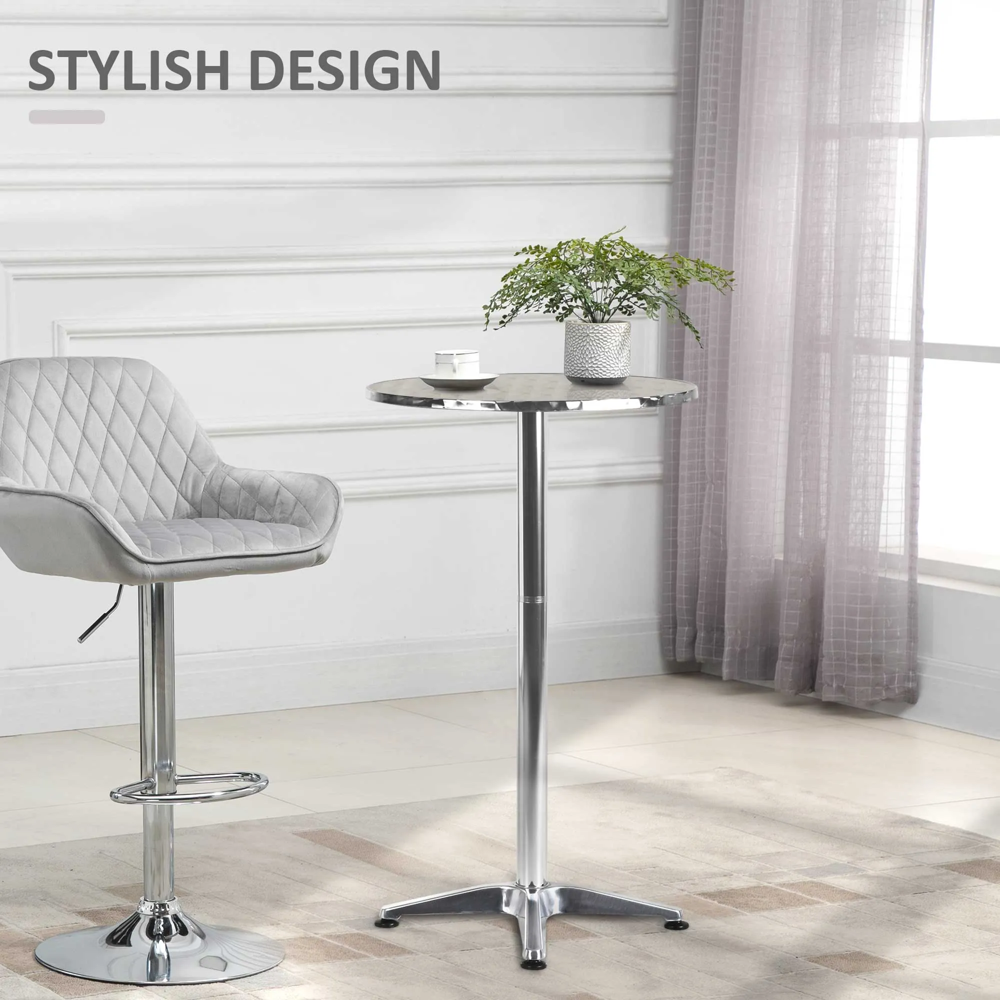 Aluminum Bistro Bar Table Round Tabletop Dining Wine Pub Stainless Steel 2 Height Settings 70cm/110cm