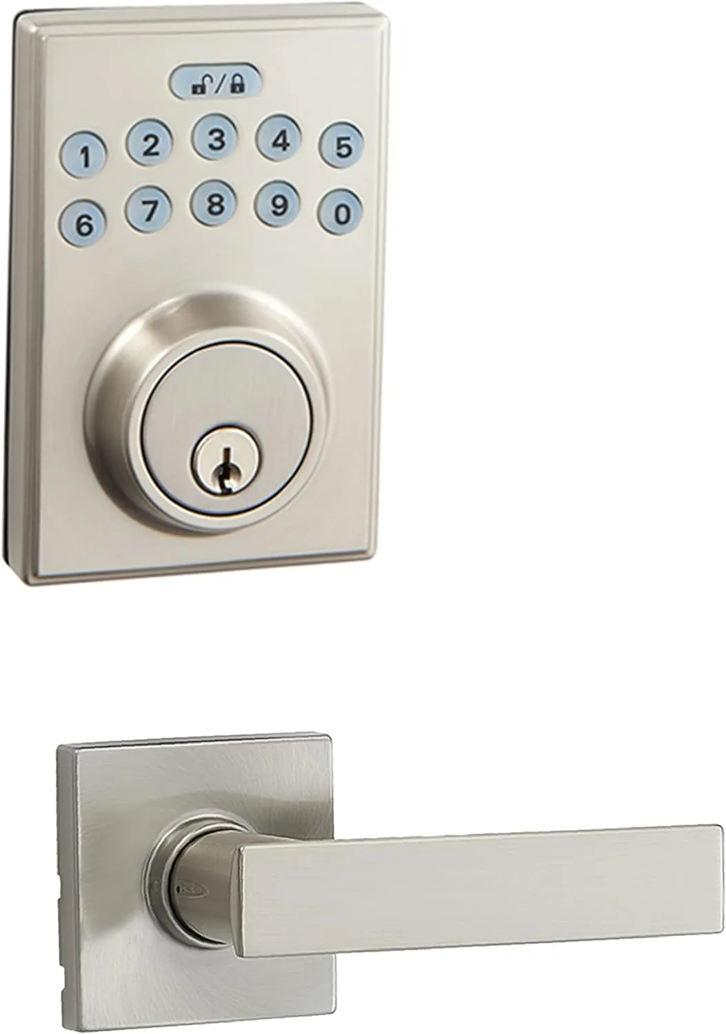 Amazon Basics Contemporary Electronic Keypad, Keyless Entry Door Lock Deadbolt with Handle Set, Key Pad Front Door with Knob, Contemporary Door Locks for Front Door, Door Handle, Satin Nickel, 1-Pack