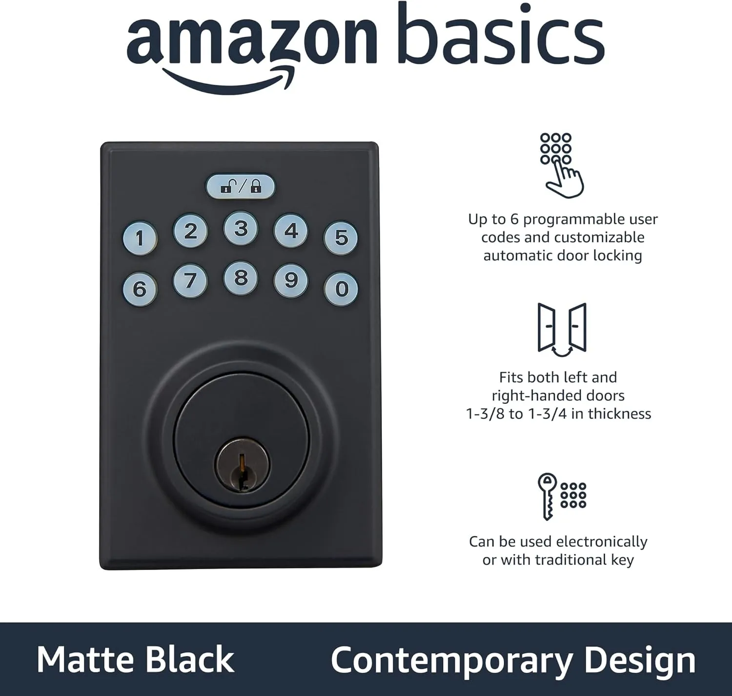 Amazon Basics Electronic Keypad Deadbolt Door Lock with Touch-Control Keyless Easy Installation, Auto Lock, Keyed Entry Option, Contemporary, 1-Pack, Matte Black