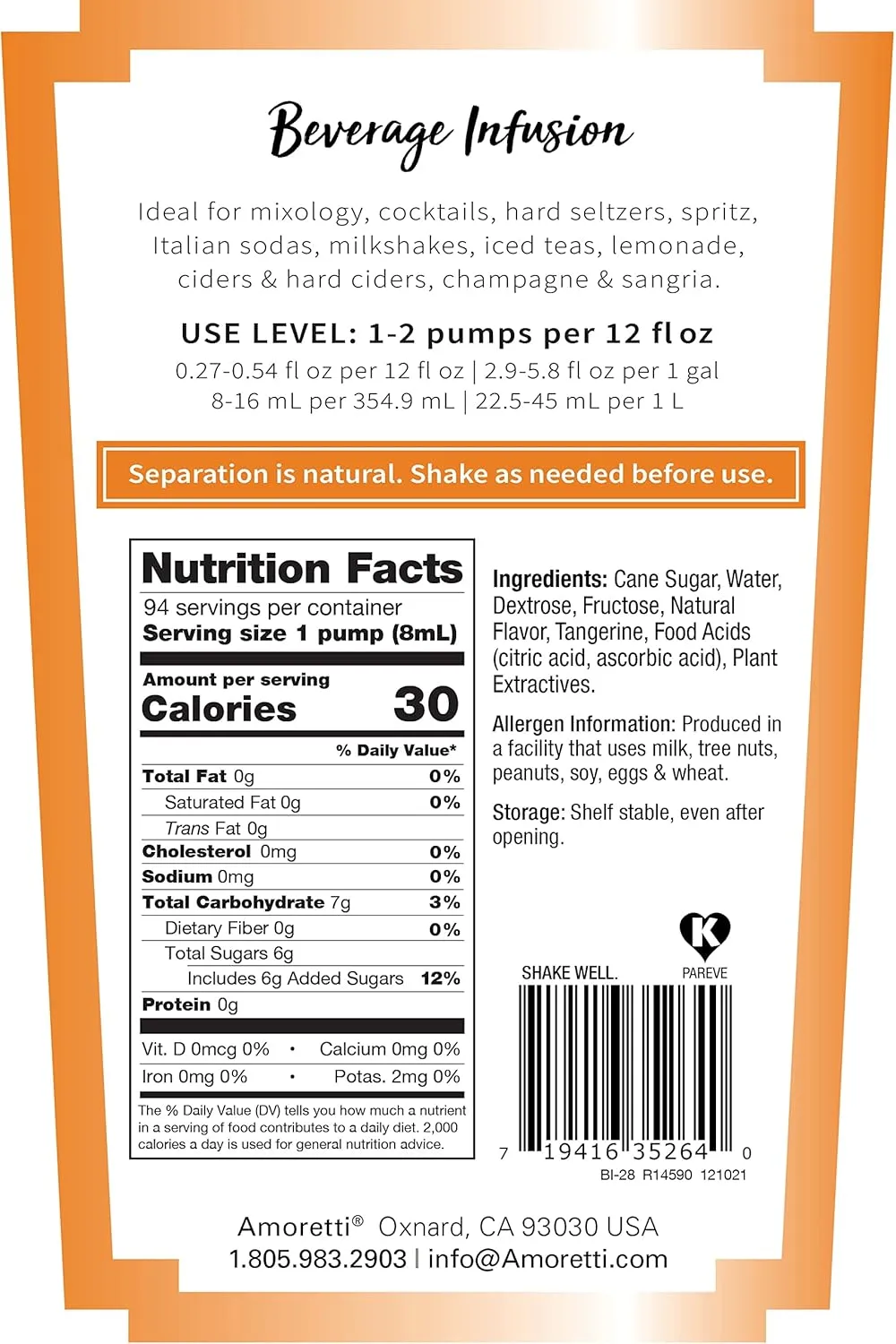 Amoretti - Tangerine Beverage Infusion, 94 Servings Per Bottle (750 ml) - Drink Mix & Water Enhancer with Pump for Flavoring Cocktails, Waters, Teas, and other Beverages, Preservative Free