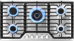 AMZCHEF 36 inch Gas Cooktop with 5 Made in Italy SABAF Power Burners.Max 48300 BTU/hr Built-in Gas Stove top of 304 Stainless steel,NG/LPG Convertible,ETL.