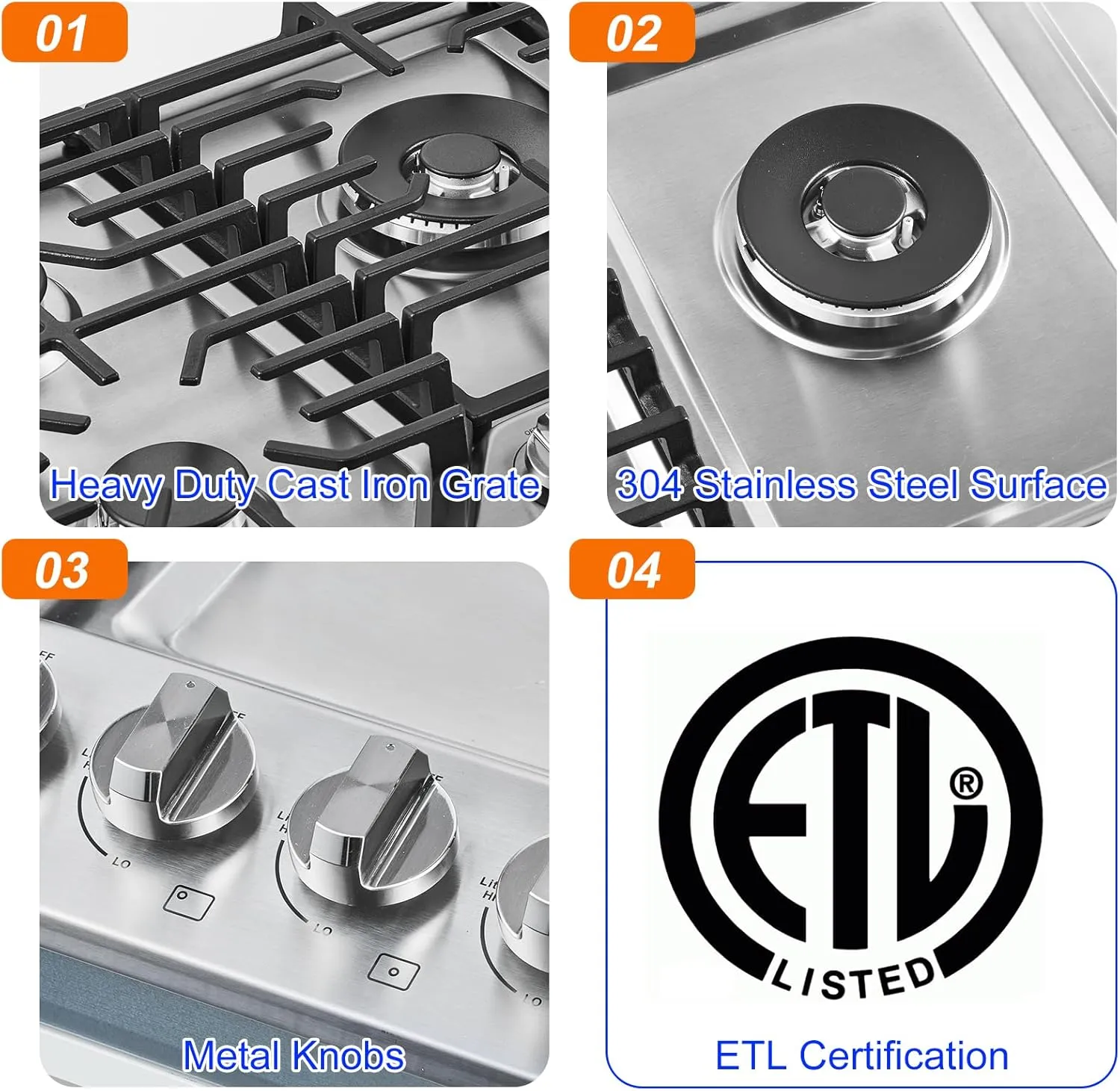 AMZCHEF 36 inch Gas Cooktop with 5 Made in Italy SABAF Power Burners.Max 48300 BTU/hr Built-in Gas Stove top of 304 Stainless steel,NG/LPG Convertible,ETL.