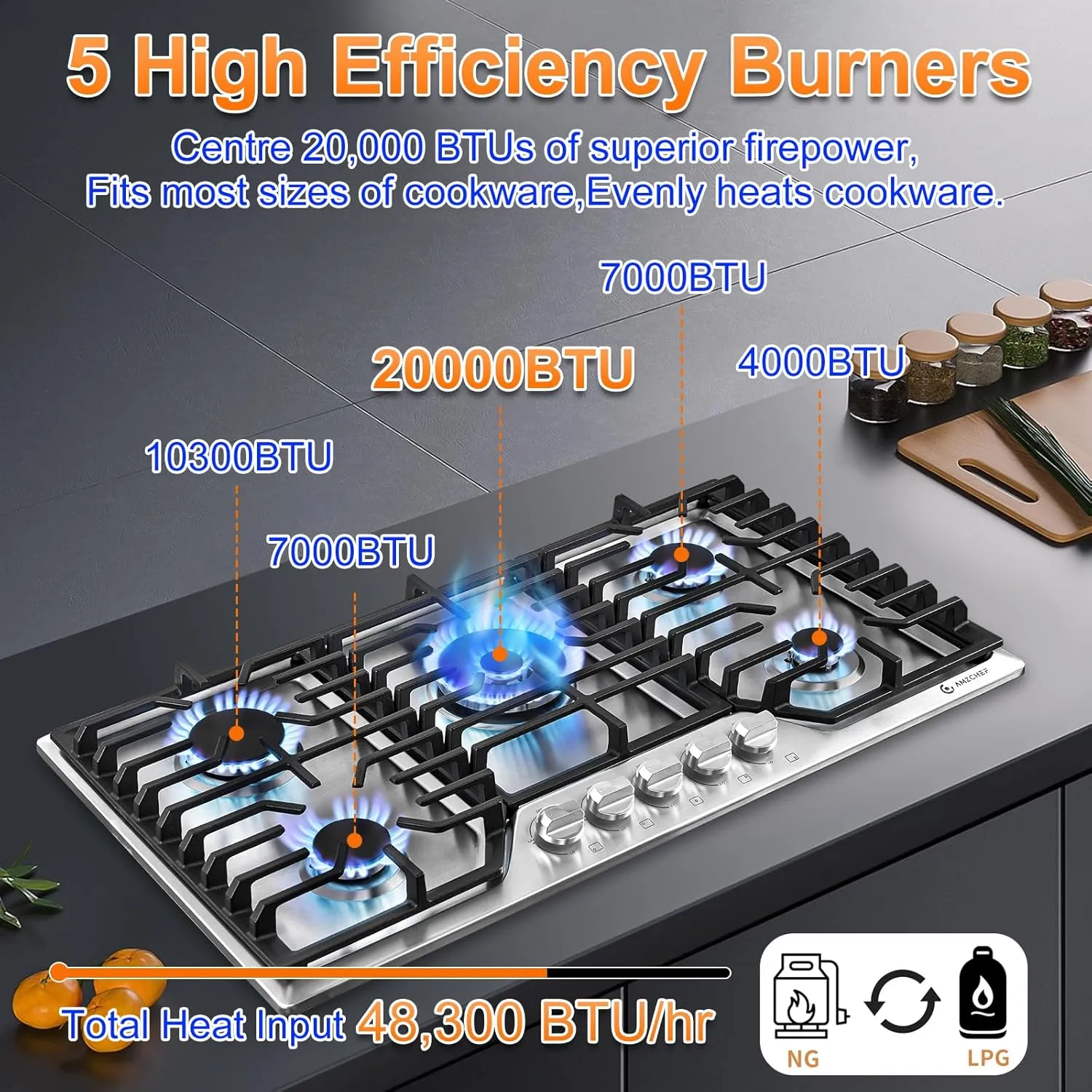 AMZCHEF 36 inch Gas Cooktop with 5 Made in Italy SABAF Power Burners.Max 48300 BTU/hr Built-in Gas Stove top of 304 Stainless steel,NG/LPG Convertible,ETL.