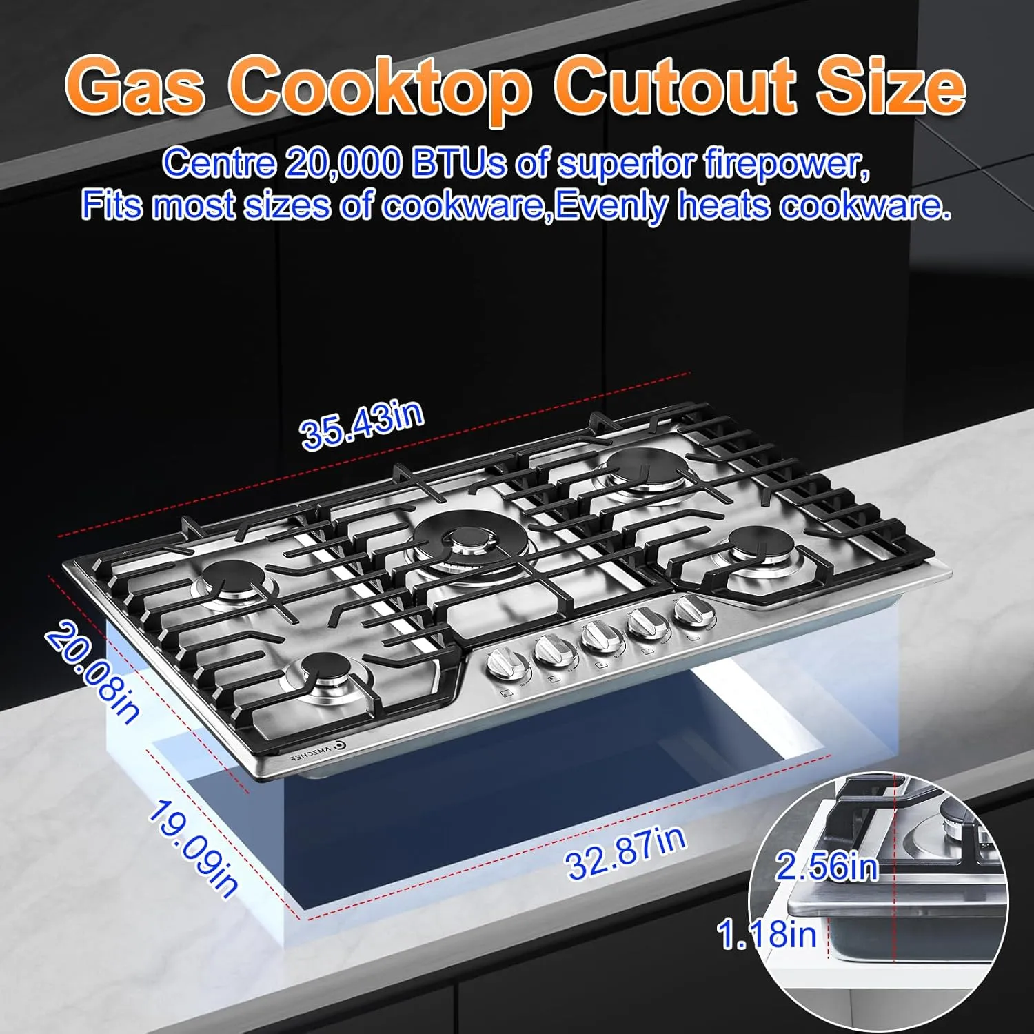 AMZCHEF 36 inch Gas Cooktop with 5 Made in Italy SABAF Power Burners.Max 48300 BTU/hr Built-in Gas Stove top of 304 Stainless steel,NG/LPG Convertible,ETL.