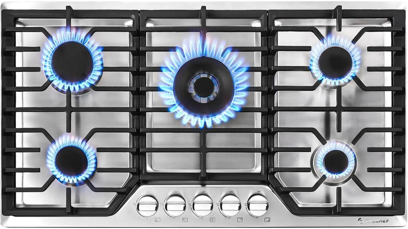 AMZCHEF 36 inch Gas Cooktop with 5 Made in Italy SABAF Power Burners.Max 48300 BTU/hr Built-in Gas Stove top of 304 Stainless steel,NG/LPG Convertible,ETL.