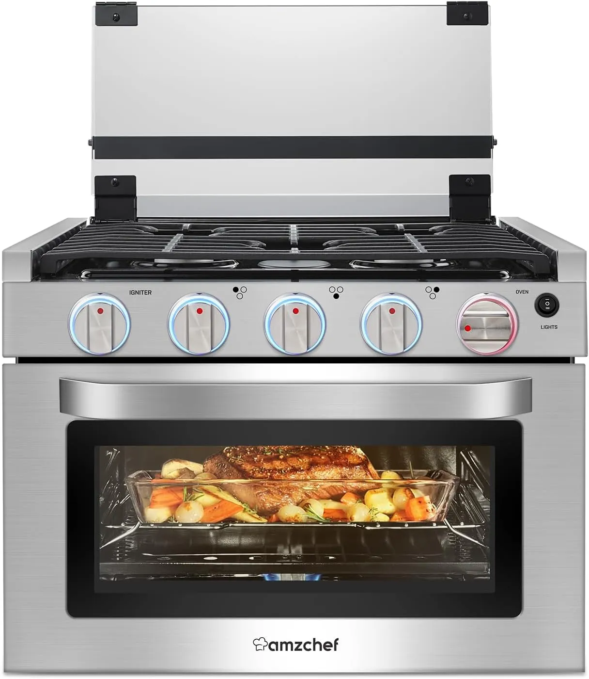 AMZCHEF RV Gas Range 17 Inches Tall, 1.24 Cu.Ft Propane Range Oven with 3 Burners Stove for RV, Apartment, Mobile Home, Stainless Steel.