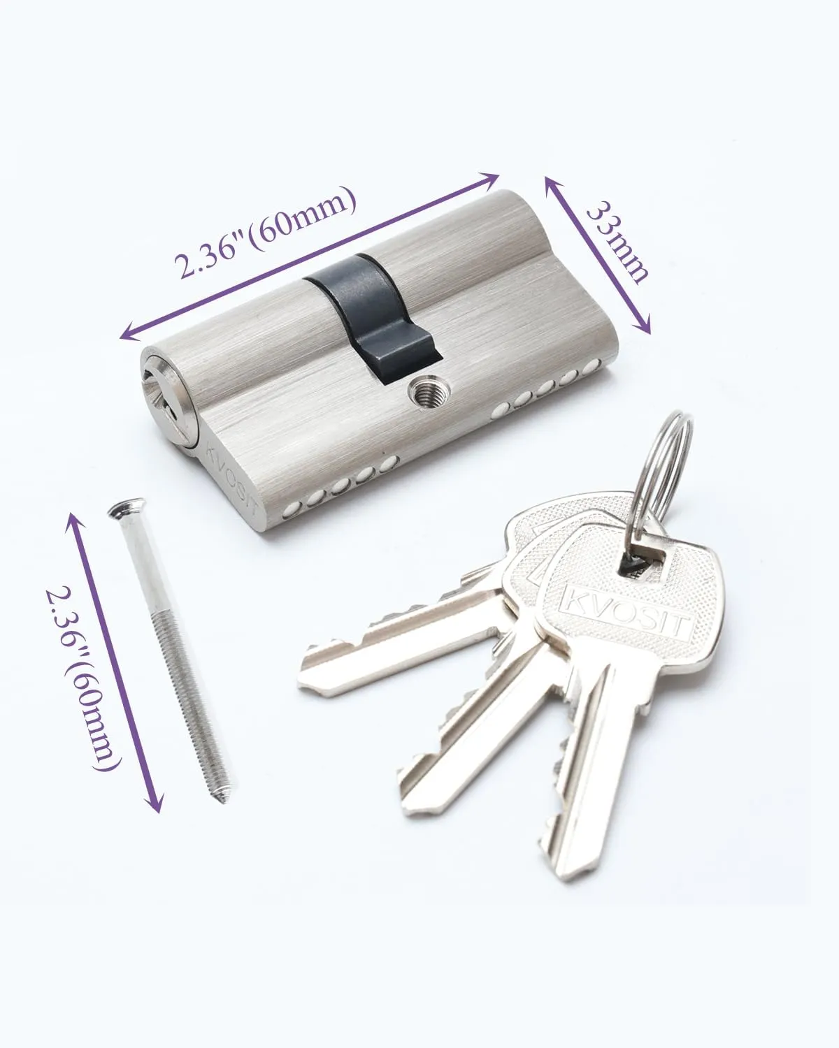 Andersen 60MM Satin Nickel Solid Brass Lock Cylinder with 3 Brass Keys - Storm Door Lock Replacement