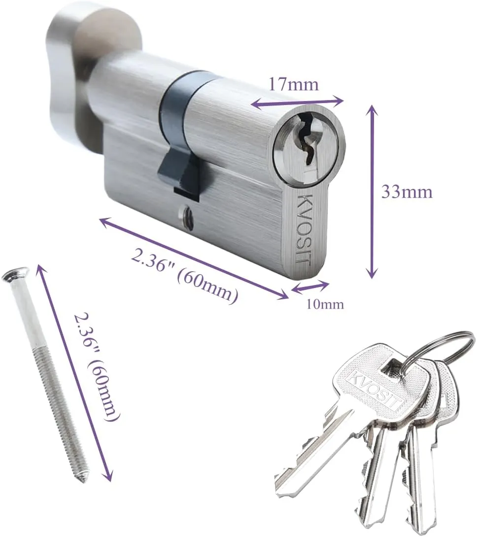 Andersen 60MM Solid Brass Lock Cylinder with 3 Brass Keys - Satin Nickel Thumbturn Storm Door Lock Cylinder Replacement