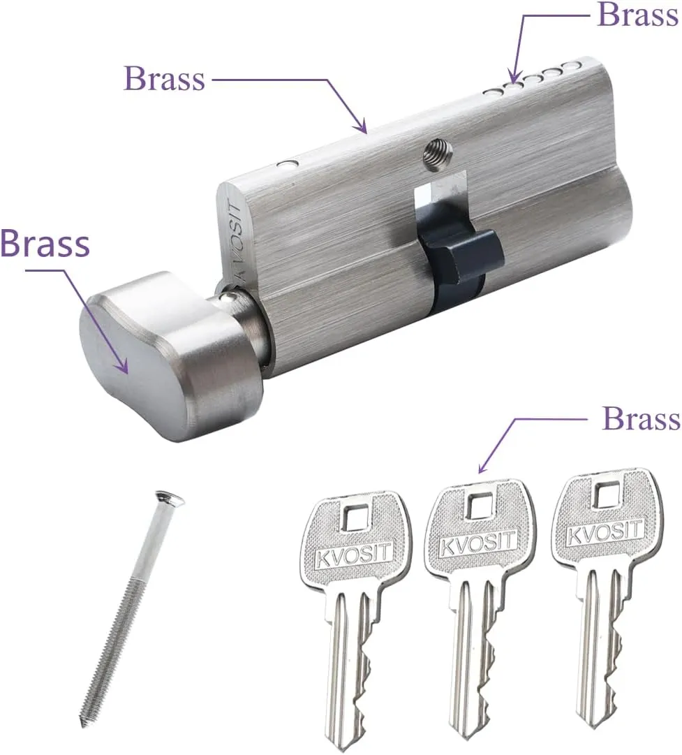 Andersen 60MM Solid Brass Lock Cylinder with 3 Brass Keys - Satin Nickel Thumbturn Storm Door Lock Cylinder Replacement