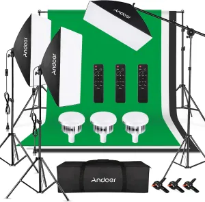 Andoer Softbox Lighting Kit Photography with 3 85W 2800K-5700K Bi-Color Temperature Light 3 Softbox 3 Light Stand 1 Boom Arm 1 Remote Control 3 Backdrops 3 Backdrop Clamp 3 Backdrop Stand Carry Bag