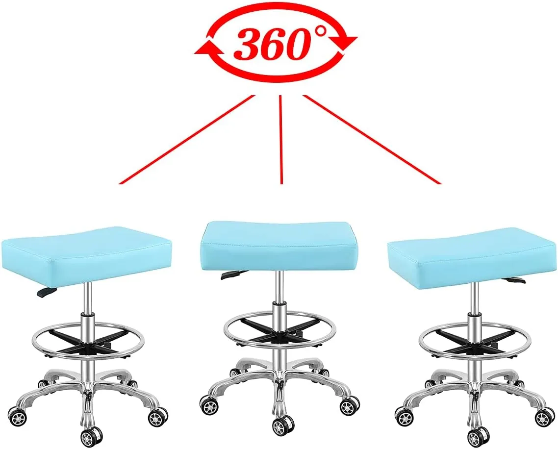 Antlu Adjustable Rolling Swivel Stool Chair for Massage Office Tattoo Kitchen, Work Stool with Wheels (Cyan, with foot ring)