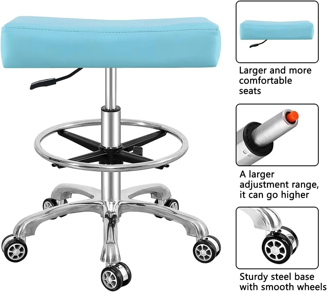 Antlu Adjustable Rolling Swivel Stool Chair for Massage Office Tattoo Kitchen, Work Stool with Wheels (Cyan, with foot ring)