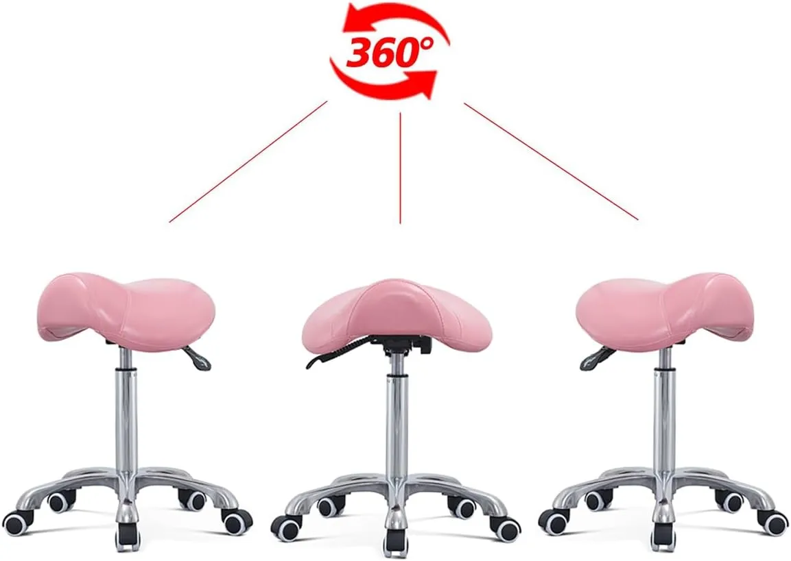 Antlu Saddle Stool Rolling Chair for Massage Clinic Spa Salon Cutting, Saddle Rolling Stool with Wheels Adjustable Height (Pink)