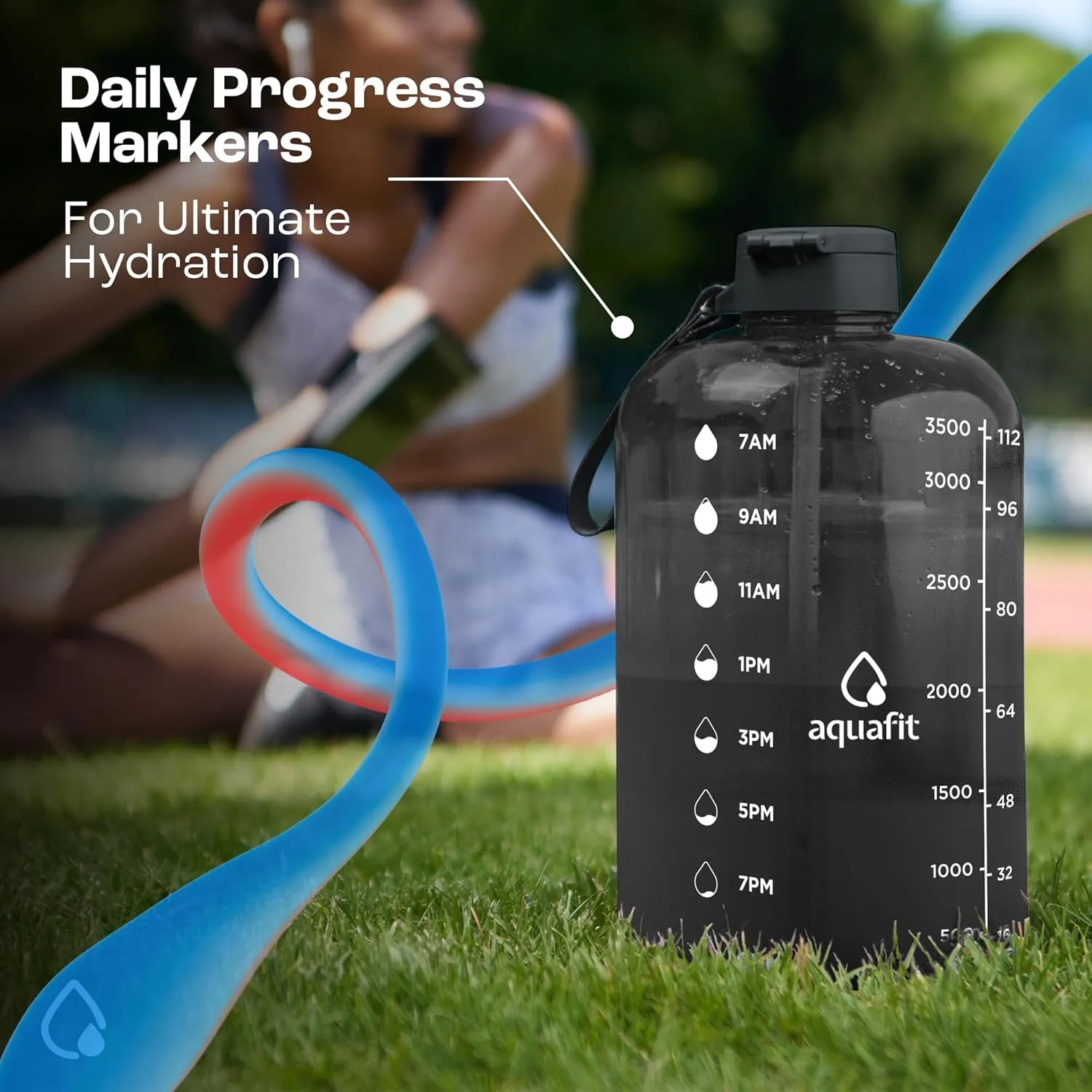 AQUAFIT 1 Gallon Water Bottle with Time Marker - Straw & Chug Lid - BPA Free Big Water Bottle with Straw - Gym Water Bottle with Handle - Gallon Water Jug (128 Ounces, Nebula 2)