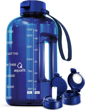 AQUAFIT Half Gallon Water Bottle with Time Marker - Straw & Chug Lid - BPA Free Big Water Bottle with Straw - Gym Water Bottle with Handle - Motivational Half Gallon Water Jug (64 oz, Blue)