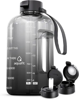 AQUAFIT Half Gallon Water Bottle with Time Marker - Straw & Chug Lid - Motivational 64 oz BPA Free B Ombre Jug