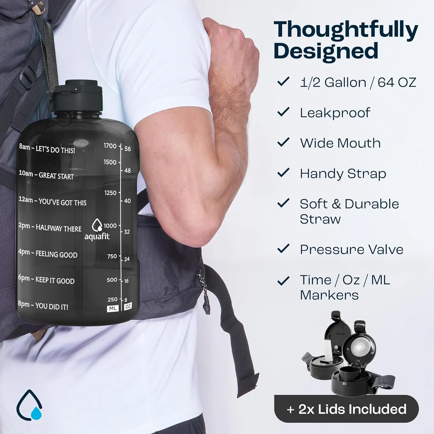 AQUAFIT Half Gallon Water Bottle with Time Marker - Straw & Chug Lid - Motivational 64 oz BPA Free B Ombre Jug