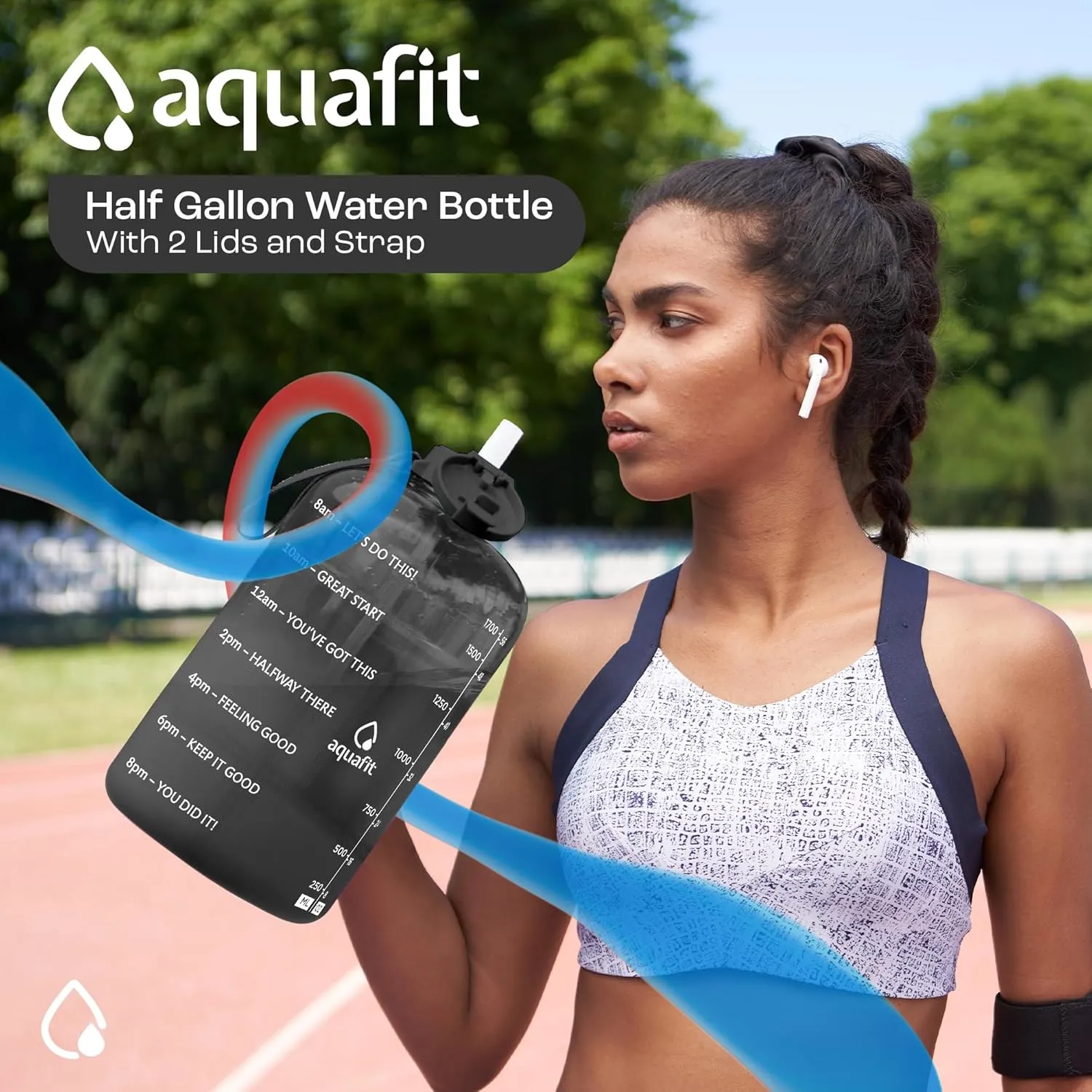AQUAFIT Half Gallon Water Bottle with Time Marker - Straw & Chug Lid - Motivational 64 oz BPA Free B Ombre Jug