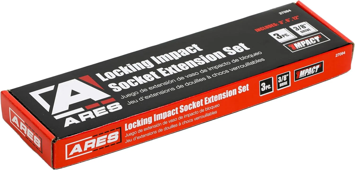ARES 27094 – 3-Piece 3/8-Inch Drive Locking Impact Socket Extension Set – Aluminum Locking Ring Collar for Quick Release of Sockets and Accessories – 3-Inch, 6-Inch, and 12-Inch Extensions