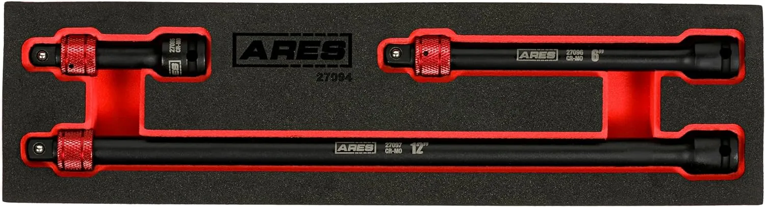 ARES 27094 – 3-Piece 3/8-Inch Drive Locking Impact Socket Extension Set – Aluminum Locking Ring Collar for Quick Release of Sockets and Accessories – 3-Inch, 6-Inch, and 12-Inch Extensions